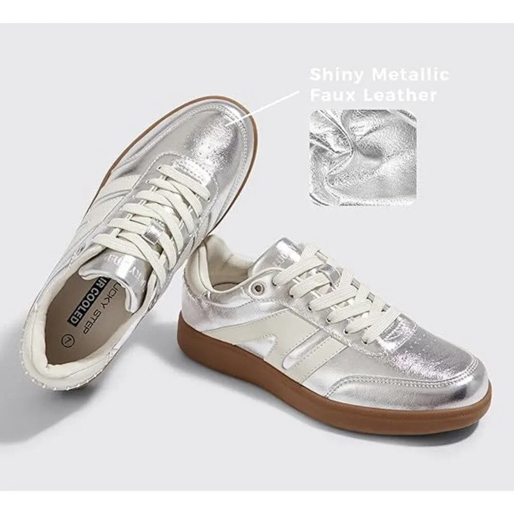 New Lucky Step Womens 8 Silver Lace Up Classic Retro Gum Sole Fashion Sneakers